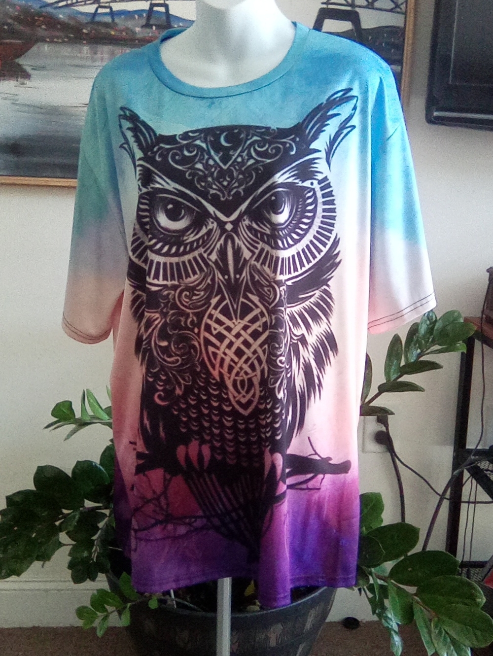 Tribal Style Owl With Tie-Dye Sky Blue Tee Stretchy 3XL P2P 25" L 29"
